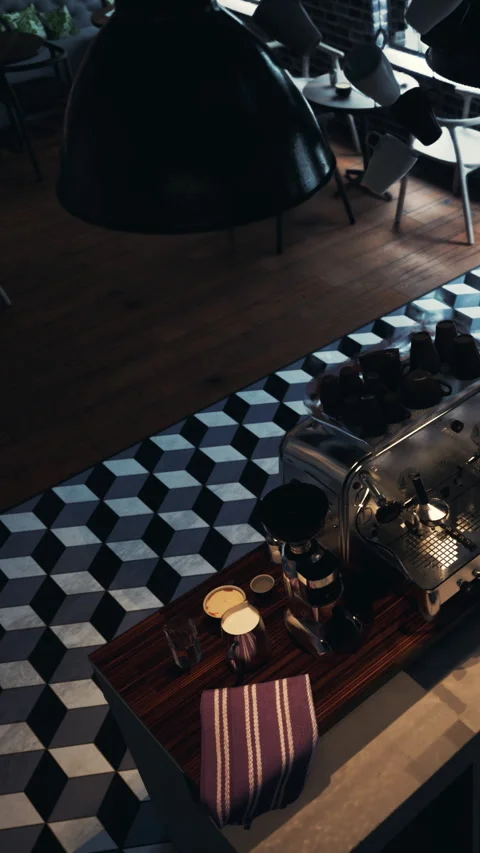 Busy coffee shop with espresso machine and tiled floor during evening hours Stock Footage 339108248