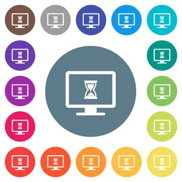 Busy computer flat white icons on round color backgrounds Stock Illustration