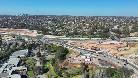 Busy construction activity at North East Link Bulleen interchange in Melbourn Stock Footage 282087294