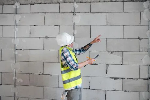 Busy construction engineer discussing problems on the phone, pointing at wall Stock Photos