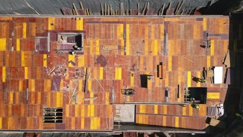 Busy Construction Site and Construction Equipment Aerial top view Stock Footage 271047129