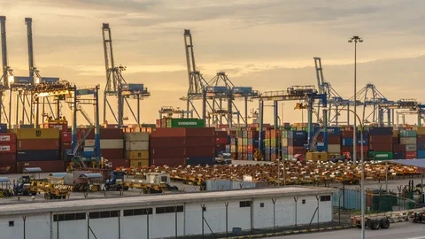 Busy container port during sunset. West Port, Malaysia. Tiimelapse Pan Left Stock-Footage 95879253