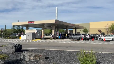 A busy Costco gas station with multiple cars fueling up under a bright sky Stock Footage 310568349