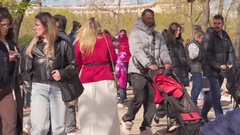 Busy Crowd in Champs de Mars Park Paris, People Walking and Gathering on Sunny Stock Footage 335167306