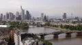 Busy Day City Commuters Traffic Cars Tram Passing Frankfurt Skyline Aerial View HD Footage