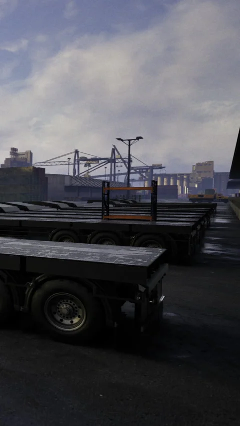 Busy dock with freight trailers waiting for loading in early morning light Vídeos de archivo 342440410