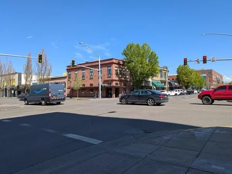 Busy downtown Salem intersection framed by historic architecture Stock Photos