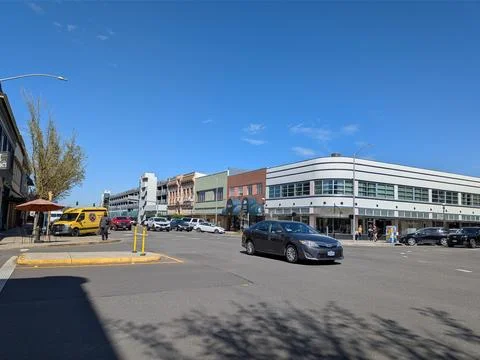 Busy downtown Salem intersection surrounded by historic architecture Stock Photos