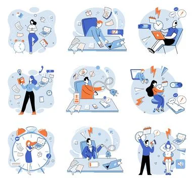 Busy employee. Multitasking without proper focus can result in failure to Illustrazione stock