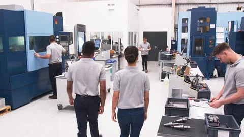 Busy Engineering Workshop With Workers Using CNC Machinery Stock Photos