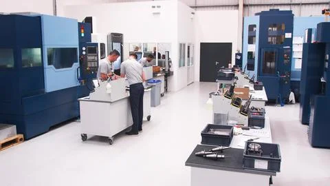 Busy Engineering Workshop With Workers Using CNC Machinery Stock Photos