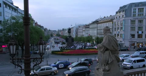 Busy evening road in Wenceslas Square, Prague, Czech Republic - 4K Stock Footage 286919600