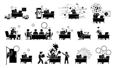 Busy executive, CEO, worker, or businessman at office stick figure pictogram  Stock-Illustration