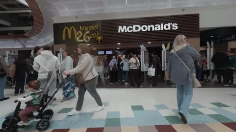 Busy Fast Food Restaurant Inside Shopping Centre with Waiting Customers Stock Footage 340338409
