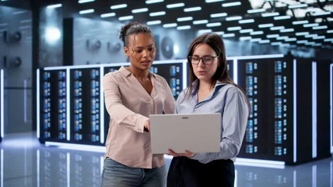 Busy Female Engineer Configuring Servers Stock Footage 330253029