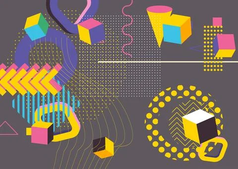 Busy geometric elements poster design. Multicolored geometrical graphic ret.. Illustrazione stock