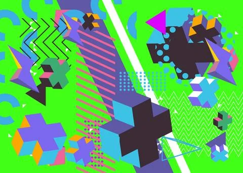 Busy geometric elements poster design. Multicolored geometrical graphic ret.. Illustrazione stock