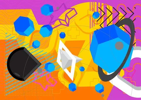 Busy geometric elements poster design. Multicolored geometrical graphic ret.. Illustrazione stock