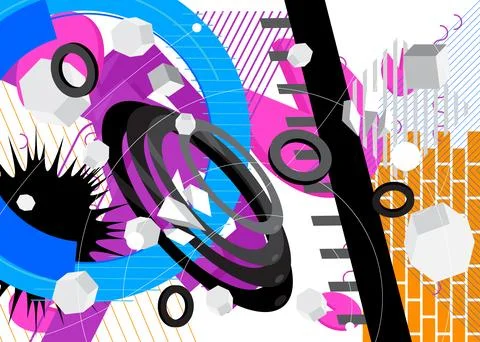 Busy geometric elements poster design. Multicolored geometrical graphic ret.. Illustrazione stock