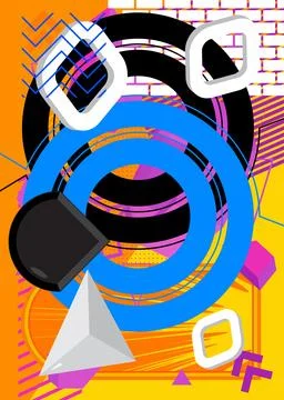 Busy geometric elements poster design. Multicolored geometrical graphic ret.. Stock Illustration