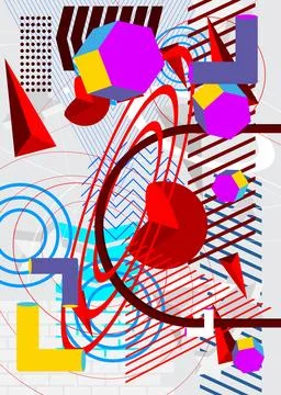 Busy geometric elements poster design. Multicolored geometrical graphic ret.. Stock Illustration