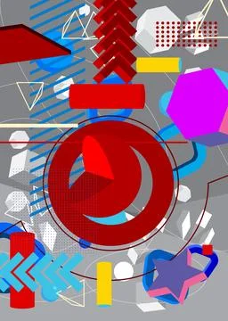 Busy geometric elements poster design. Multicolored geometrical graphic ret.. Stock Illustration