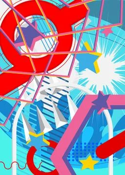 Busy geometric elements poster design. Multicolored geometrical graphic ret.. Stock Illustration