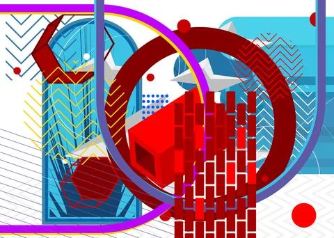 Busy geometric elements poster design. Multicolored geometrical graphic ret.. Stock Illustration