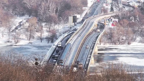 Busy highway over the river Stock Footage