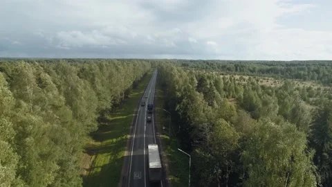 A busy highway surrounded by trees along which trucks and cars drive. The car Stock Footage 169581569