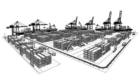 A busy industrial complex with multiple storage tanks and processing units イラスト素材