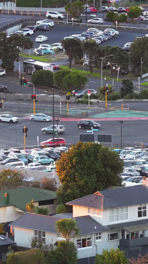 Busy intersection and parking lot in Panmure, Auckland, New Zealand Stock-Footage 338132987