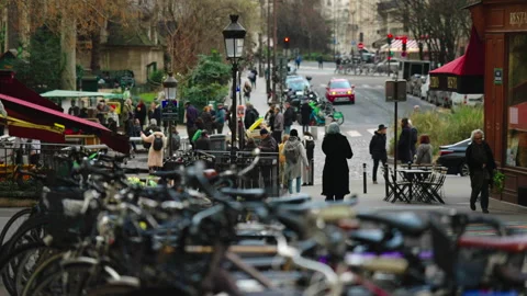Busy intersection with bicycles foreground Video stock 340972181