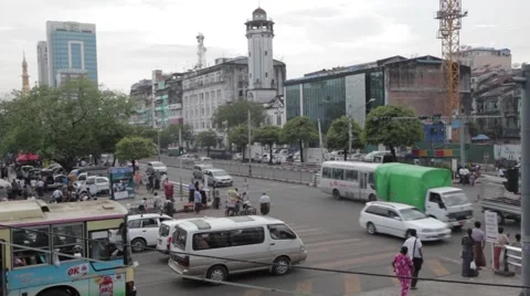 Busy Intersection-  Cars,Traffic, People, Mosque, Pagoda (Yangon, Burma) Stock Footage 56632086