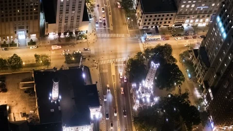 Busy Intersection in Downtown Chicago at Night from Above Video stock 90066875