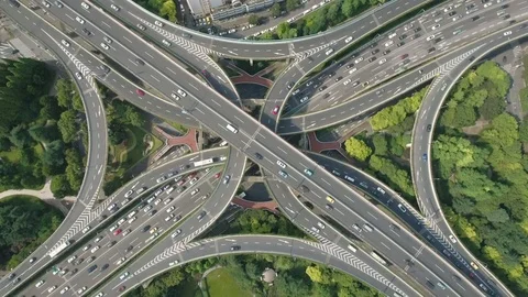 Busy intersection elevated highway, abstract drone shot Shanghai China Asia Stock Footage 71492233