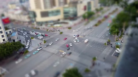 Busy intersection high angle view in China with double left turn lanes. Video stock 145016845