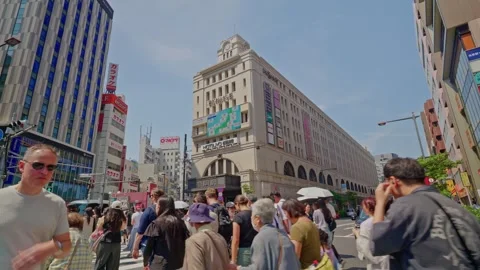 Busy Intersection with Sun Umbrellas and Taxi, Asakusa Stock Footage 347317031
