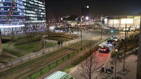 Busy intersection with trams and advertising lights Stock Footage 103270232