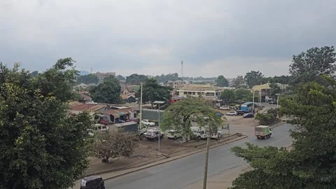 Busy Junction and Rooftops Framed by Trees from High Viewpoint, Arusha, Tanzania Video stock 313909831