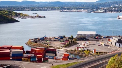 Busy Logistic Hub in Oslo Timelapse Inlet with Cargo Traffic Video stock 308193940