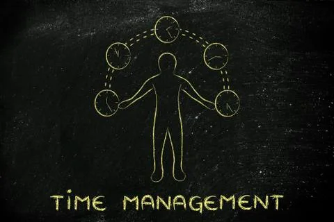 Busy man juggling with clocks, with text Time Management Stock Illustration