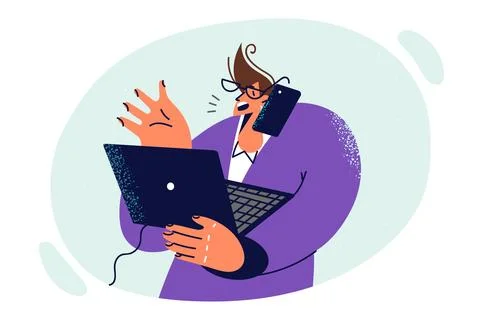 Busy man is talking on phone with client and holding laptop working as sales Stock Illustration
