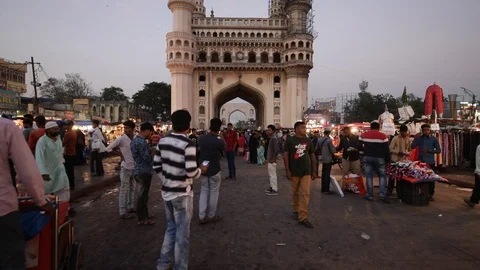 Busy market in front of Charminar Stock Footage 98354843