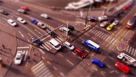 A Busy Miniaturized Traffic Intersection in Prague (Tilt-Shift) Stock Footage 82707687