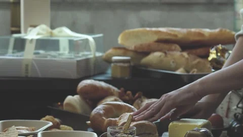 Busy Movement in Bakery Kitchen on Baking Table Close Up 動画素材 335732951