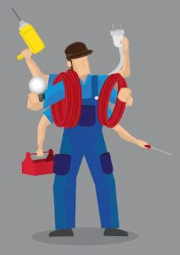 Busy Multi-tasking Handyman Worker Cartoon Character Vector Illustration 스톡 일러스트