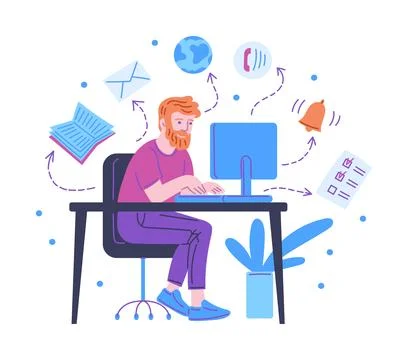 Busy multitasking man working at the desk home, cartoon vector on white Illustrazione stock