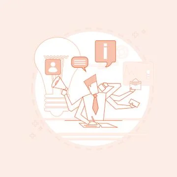 Busy Multitasking Manager Business Man With Many Hands Thin Line イラスト素材