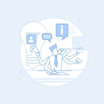 Busy Multitasking Manager Business Man With Many Hands Thin Line イラスト素材